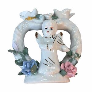 Porcelain Angel Figurine with Pink and Blue Floral Wreath - Unbranded